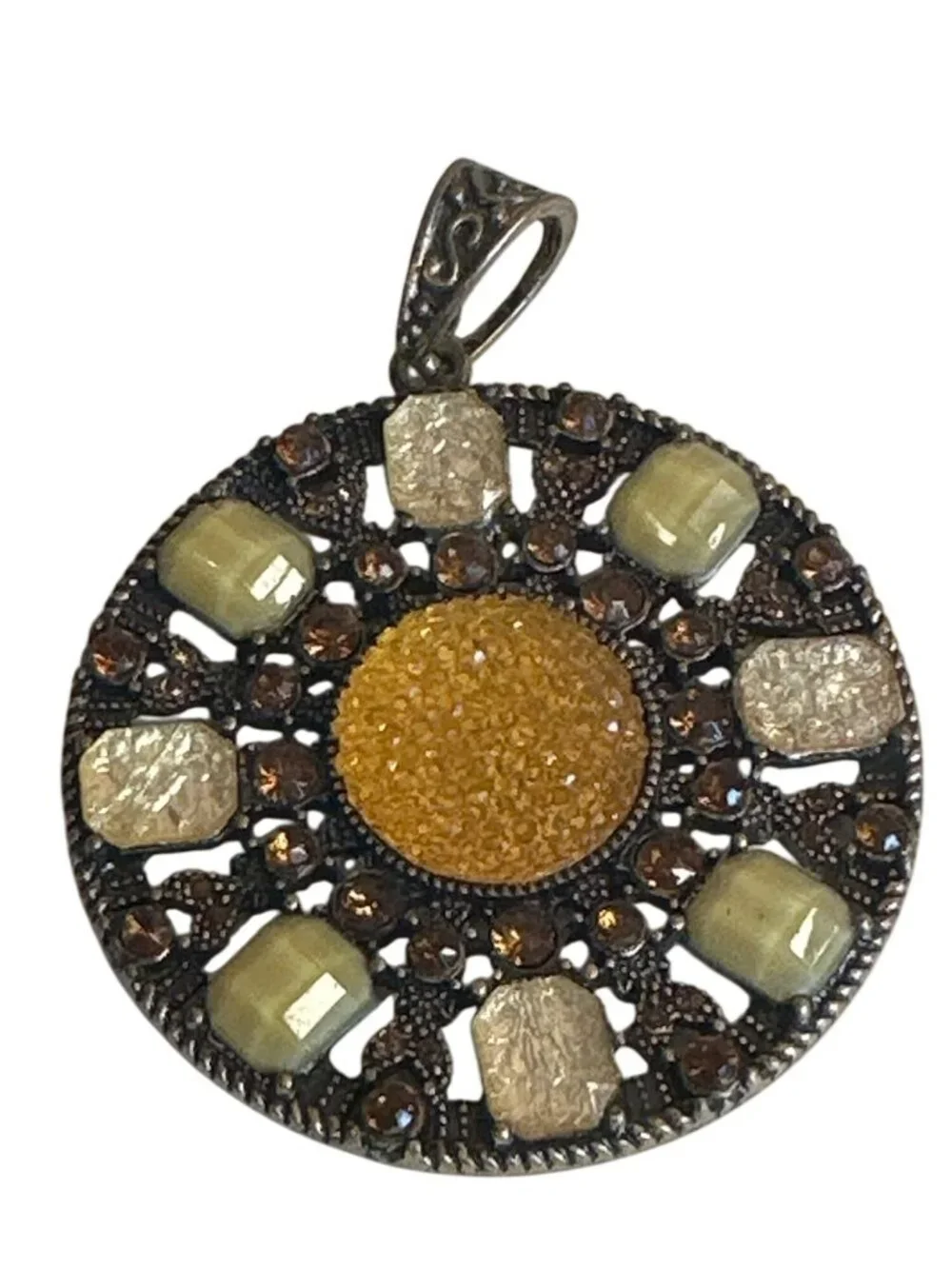 Vintage-Inspired Round Pendant Yellow Clear Stones Filigree Design Antique Style